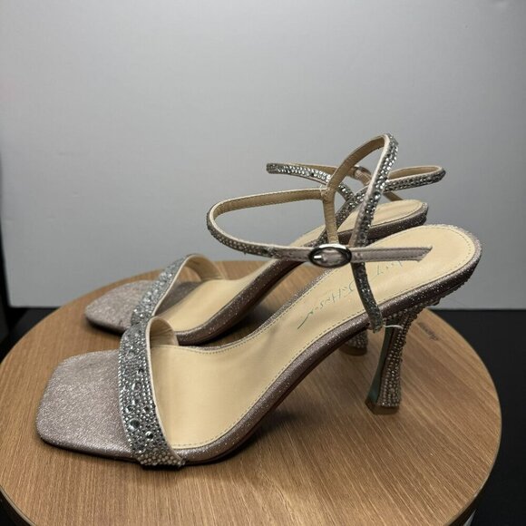 Betsey Johnson Flare Sparkly Rhinestone Square Toe Heels Silver Sandals Size 8.5 - Picture 7 of 8